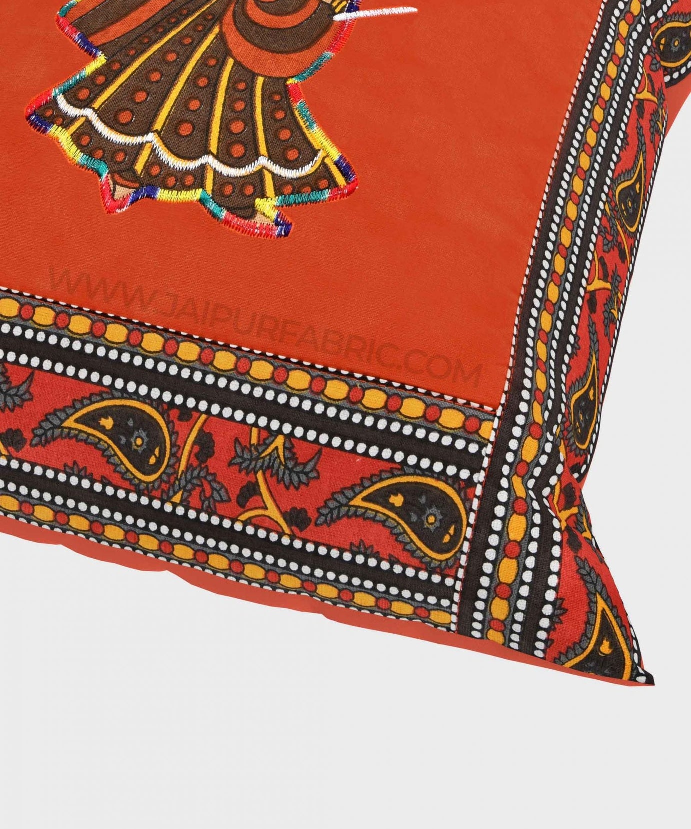 Applique Orange Dandiya Jaipuri Hand Made Embroidery Patch Work Cushion Cover