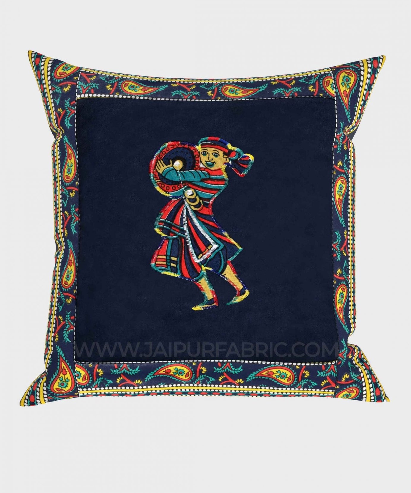 Applique Blue Chang Dance Jaipuri Hand Made Embroidery Patch Work Cushion Cover