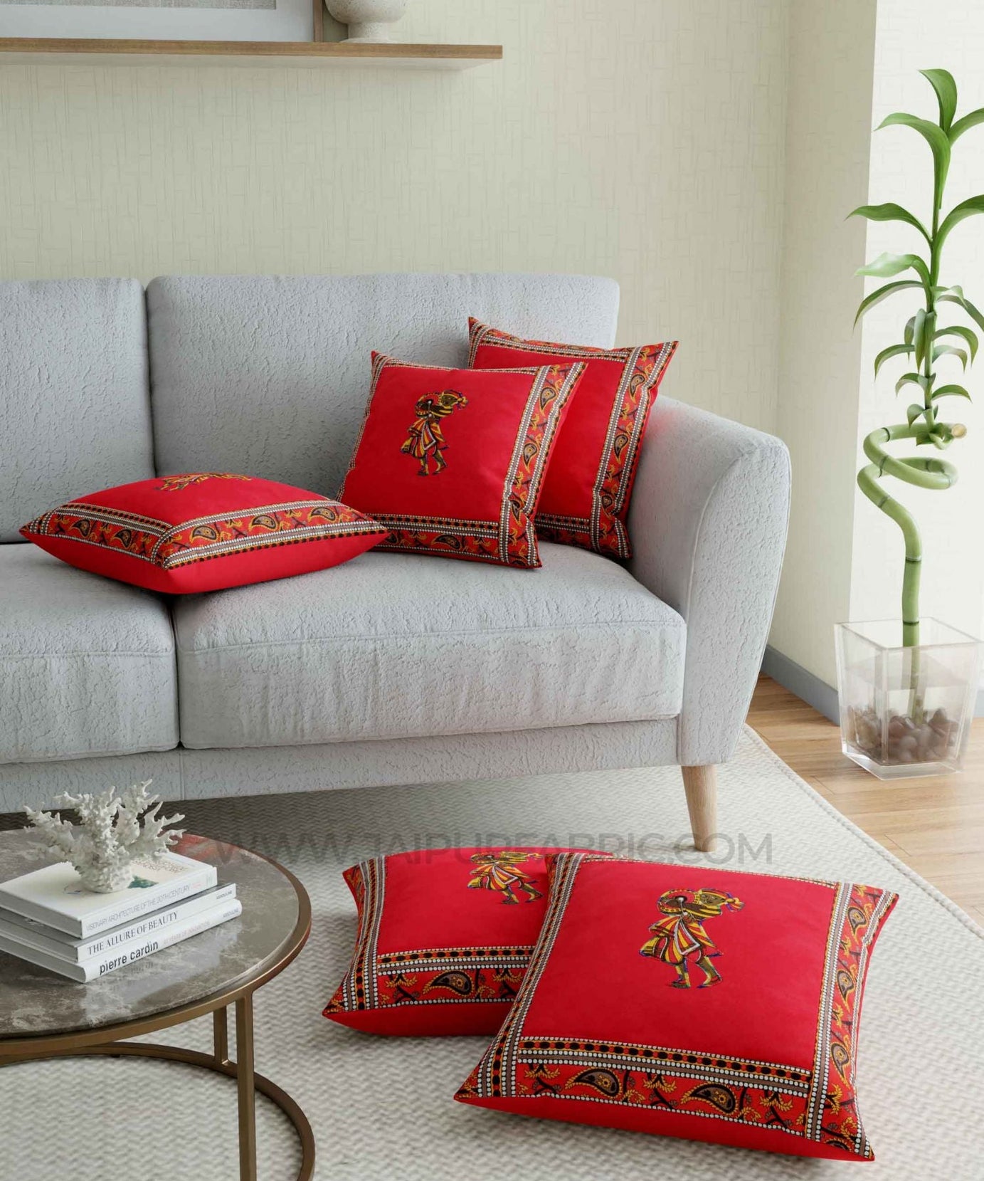 Applique Red Chang Dance Jaipuri Hand Made Embroidery Patch Work Cushion Cover