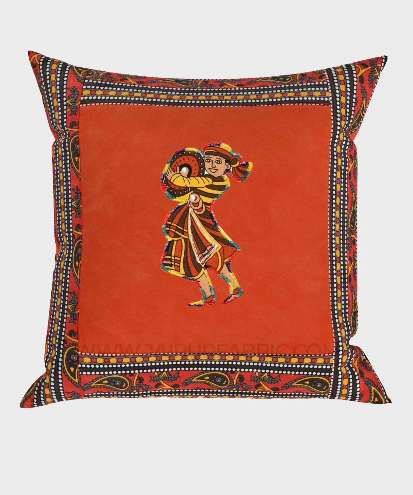 Applique Orange Chang Dance Jaipuri Hand Made Embroidery Patch Work Cushion Cover