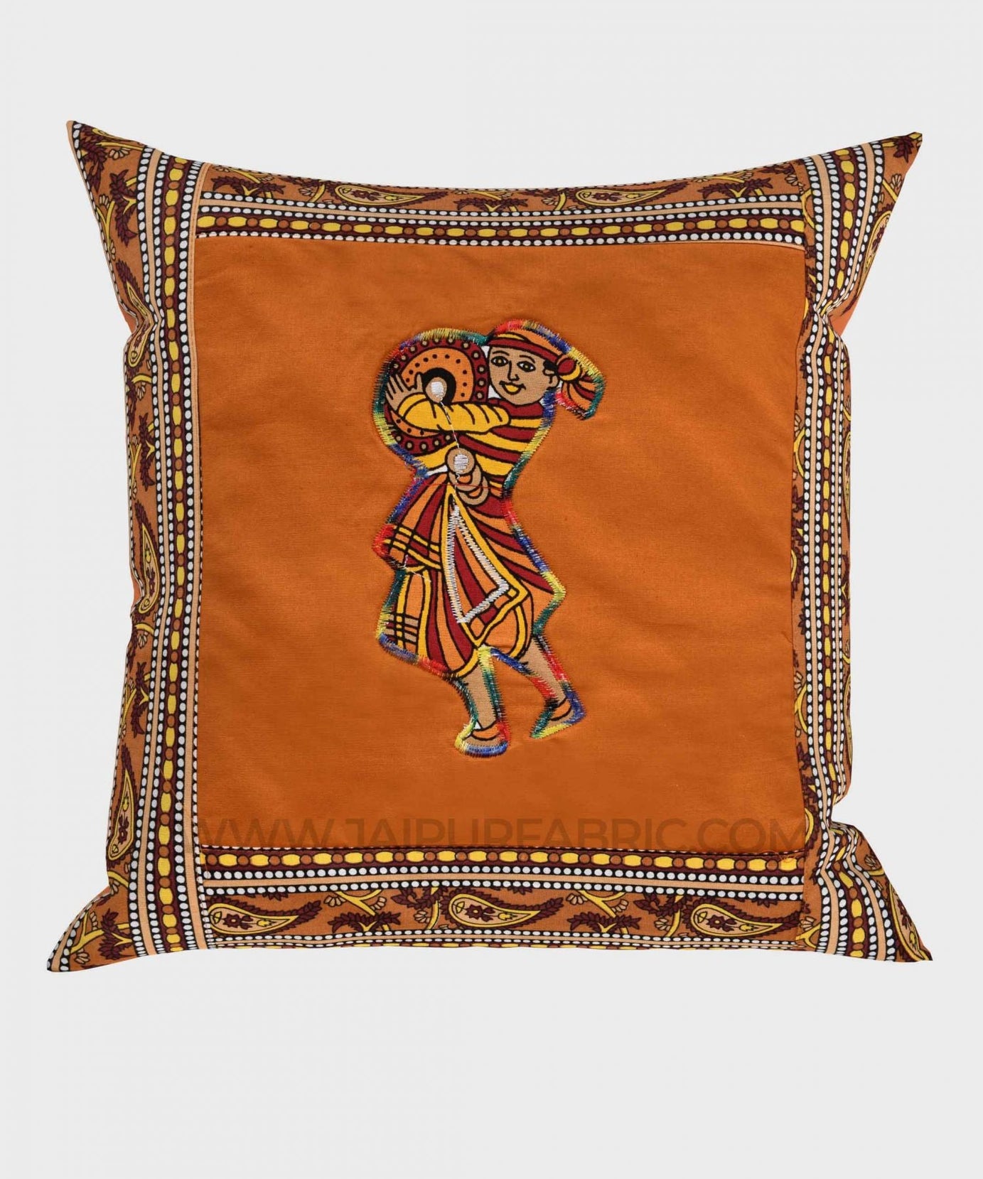 Applique Mustard Chang Dance Jaipuri Hand Made Embroidery Patch Work Cushion Cover