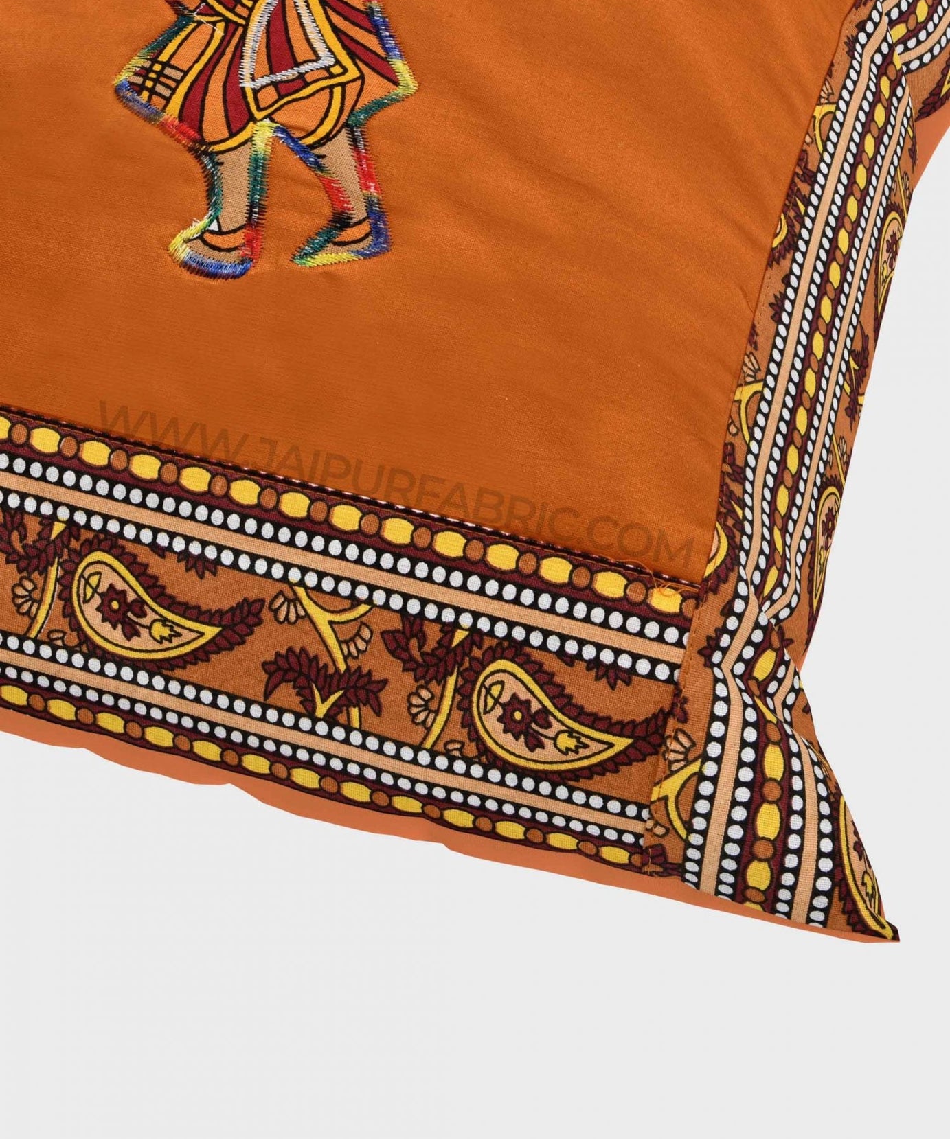 Applique Mustard Chang Dance Jaipuri Hand Made Embroidery Patch Work Cushion Cover