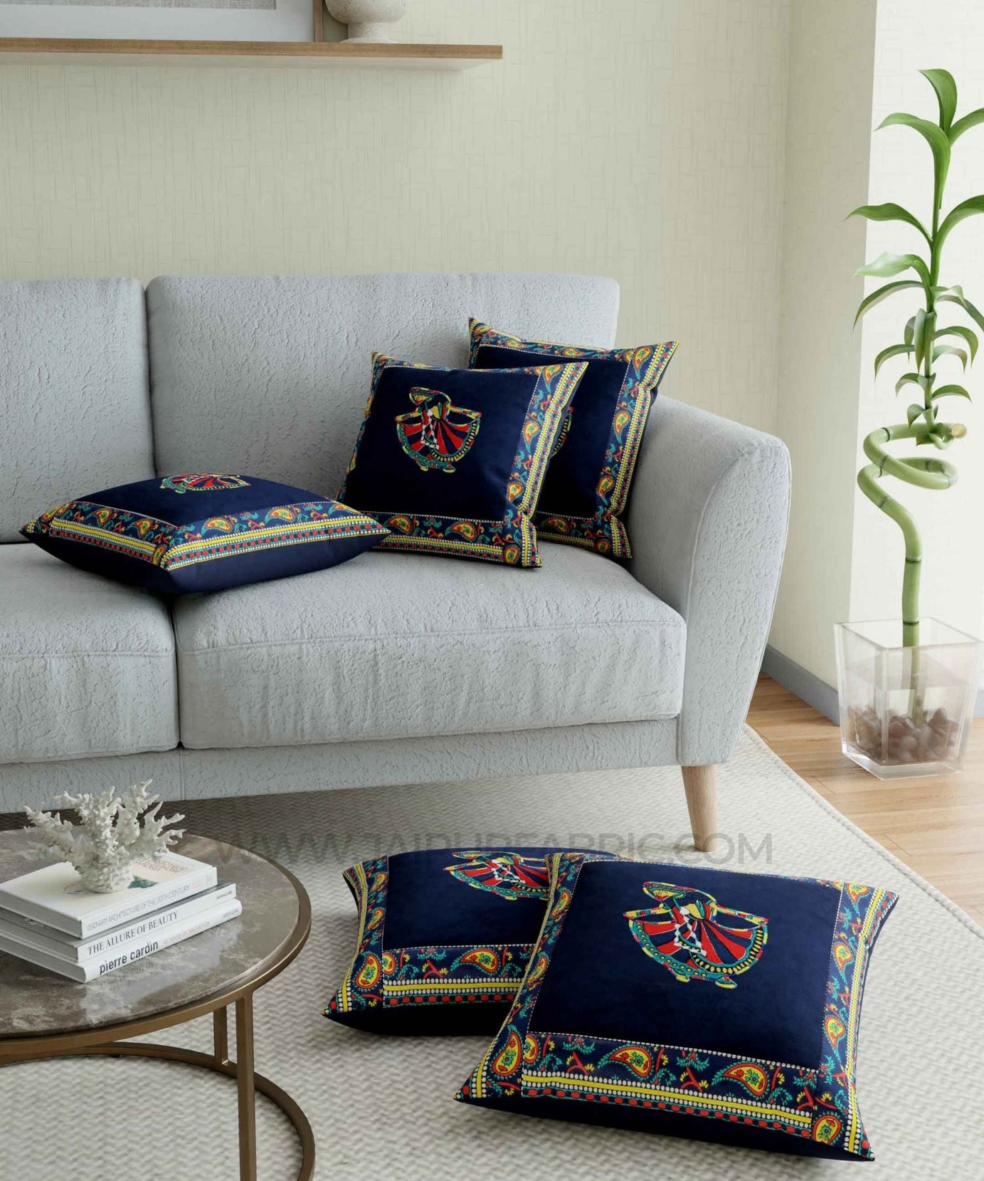 Applique Blue Gujri Jaipuri Hand Made Embroidery Patch Work Cushion Cover
