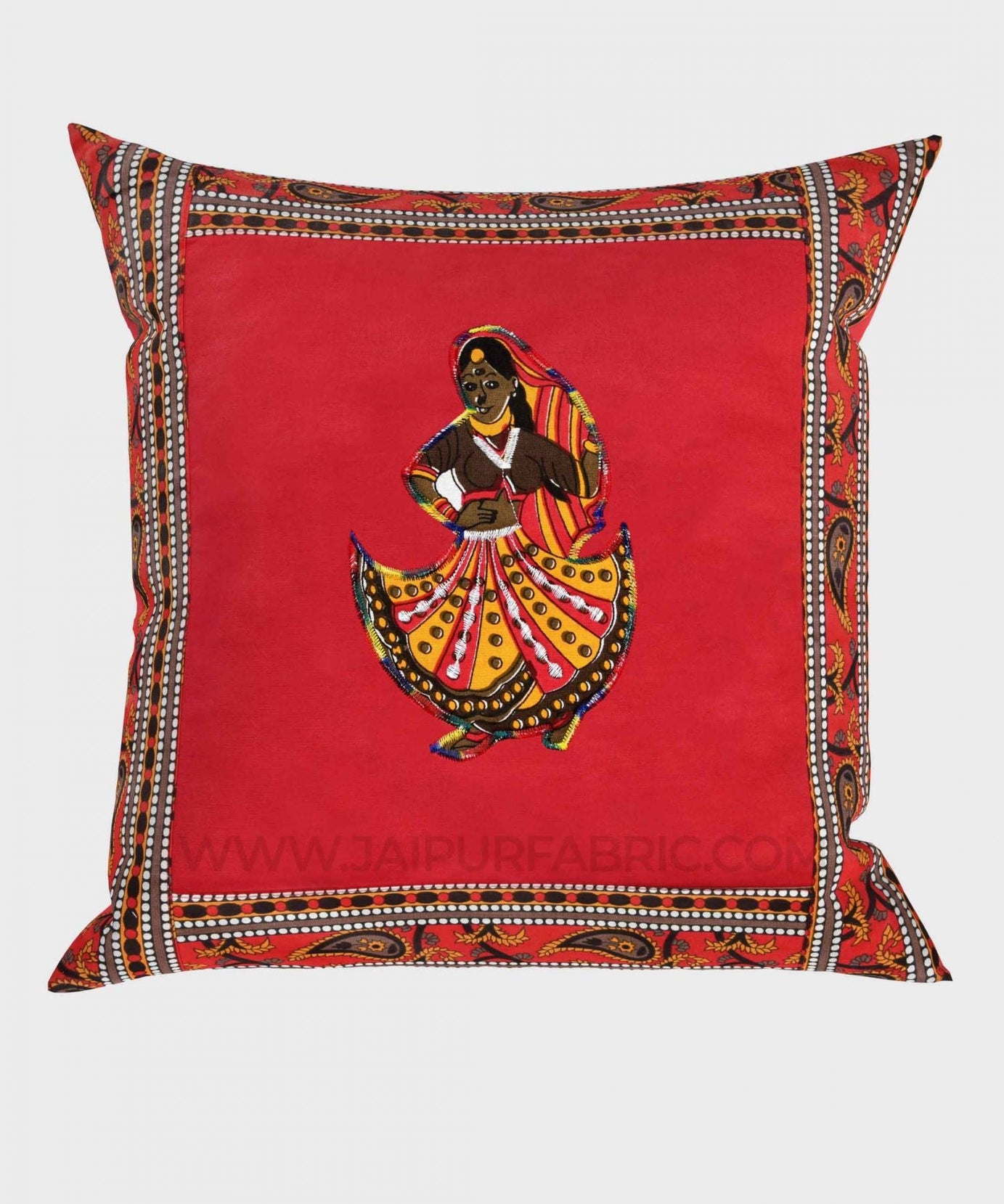 Applique Red Rajasthani Dance Jaipuri Hand Made Embroidery Patch Work Cushion Cover