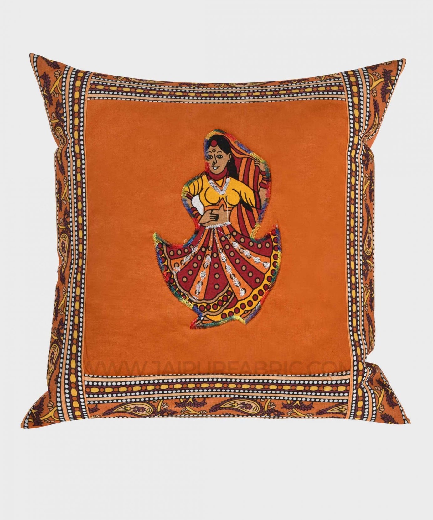 Applique Mustard Rajasthani Dance Jaipuri Hand Made Embroidery Patch Work Cushion Cover