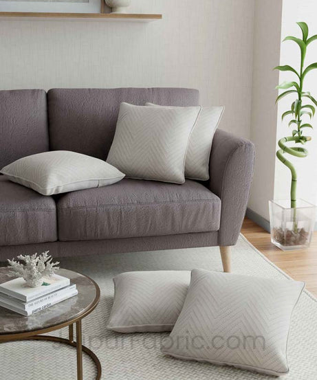 Ivory Herringbone Pattern Cotton Cushion Cover