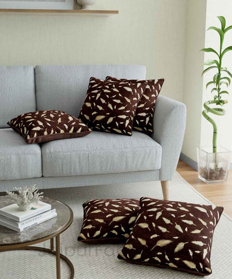Coffee Gold Feather Leaf Print Cushion Cover