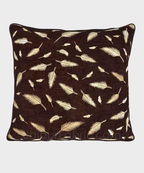 Coffee Gold Feather Leaf Print Cushion Cover
