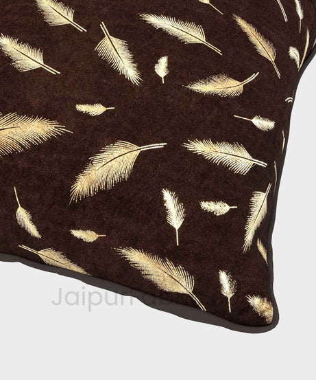 Coffee Gold Feather Leaf Print Cushion Cover