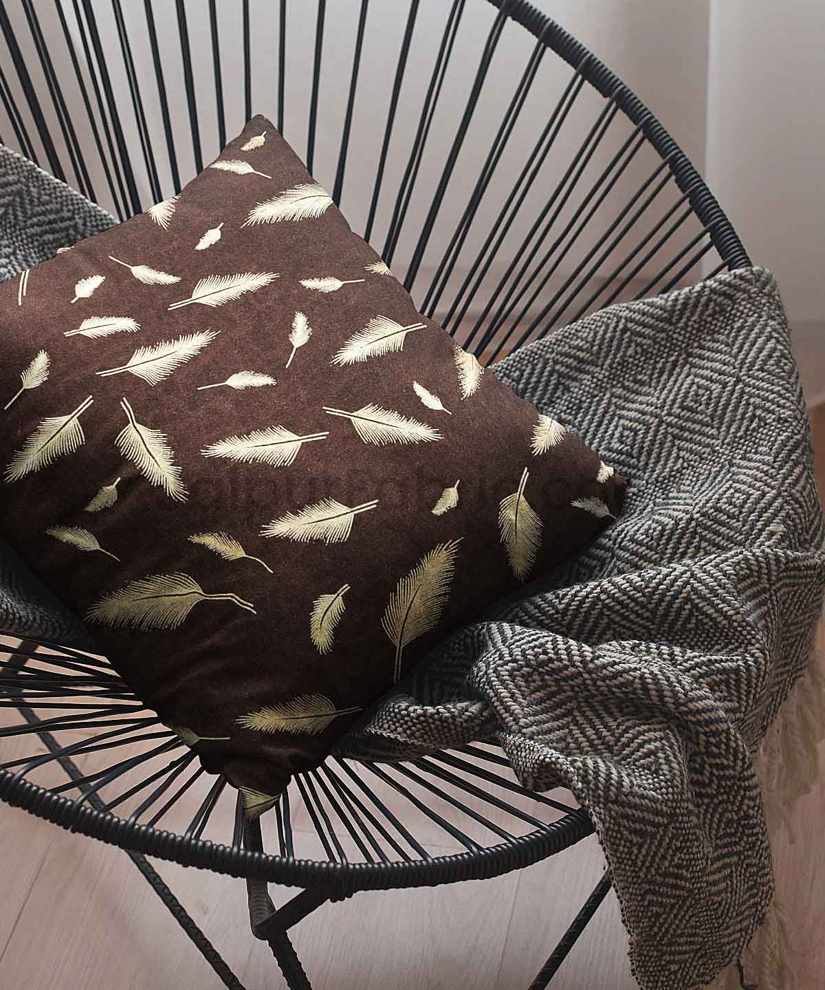 Coffee Gold Feather Leaf Print Cushion Cover