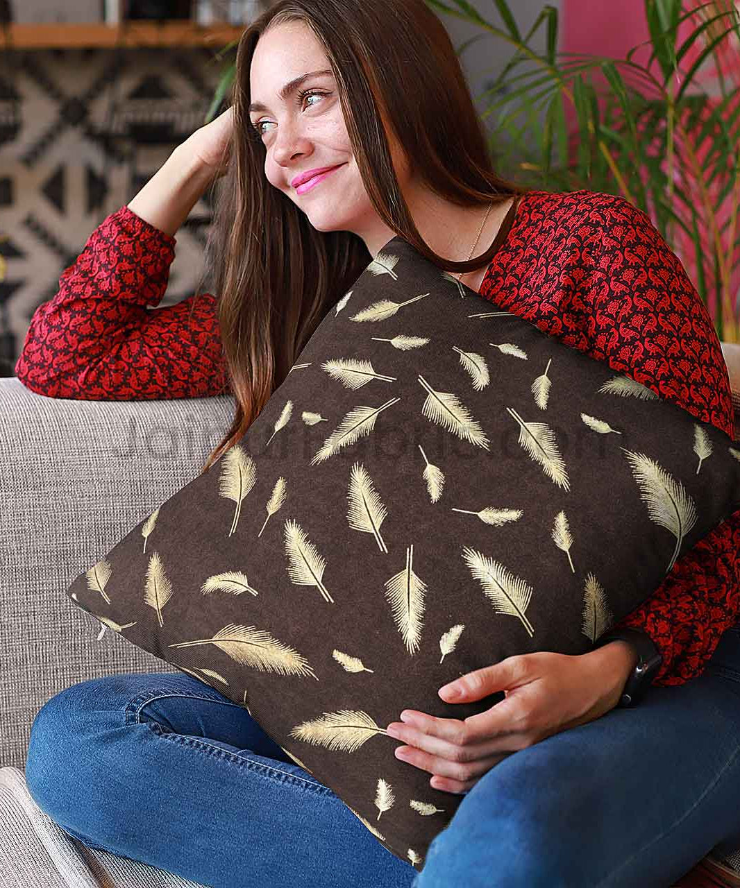 Coffee Gold Feather Leaf Print Cushion Cover