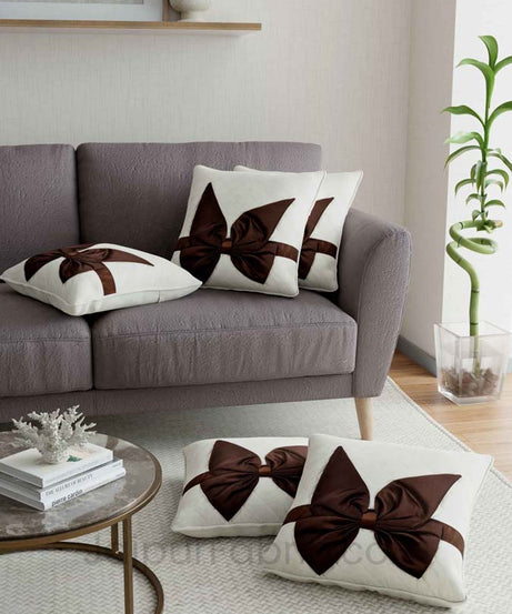 White Brown Bow Tie Square Cotton Cushion Cover