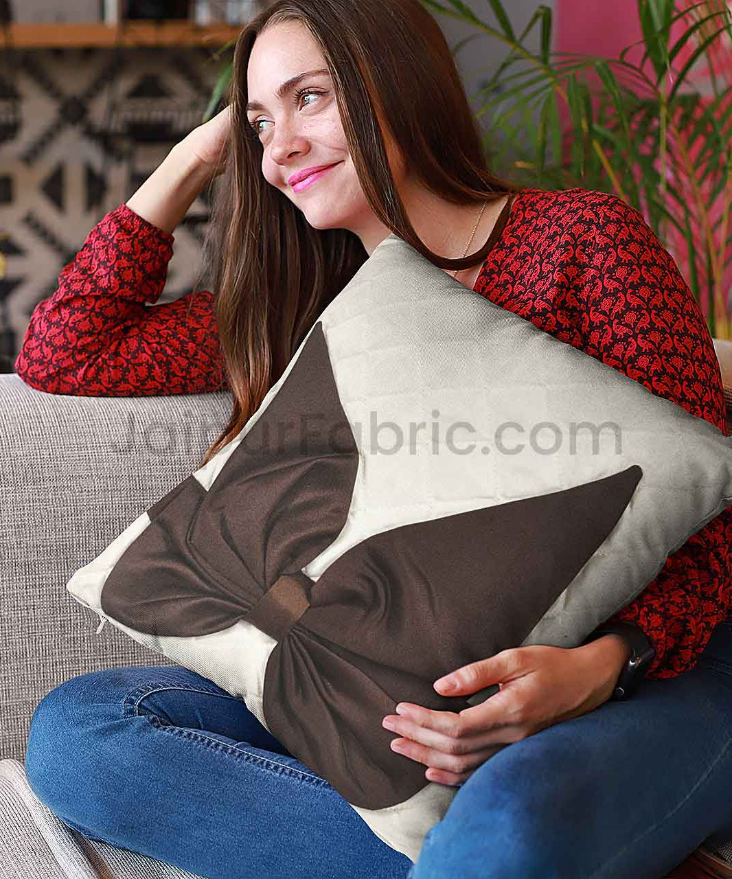 White Brown Bow Tie Square Cotton Cushion Cover