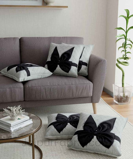 Grey Black Bow Tie Square Cotton Cushion Cover