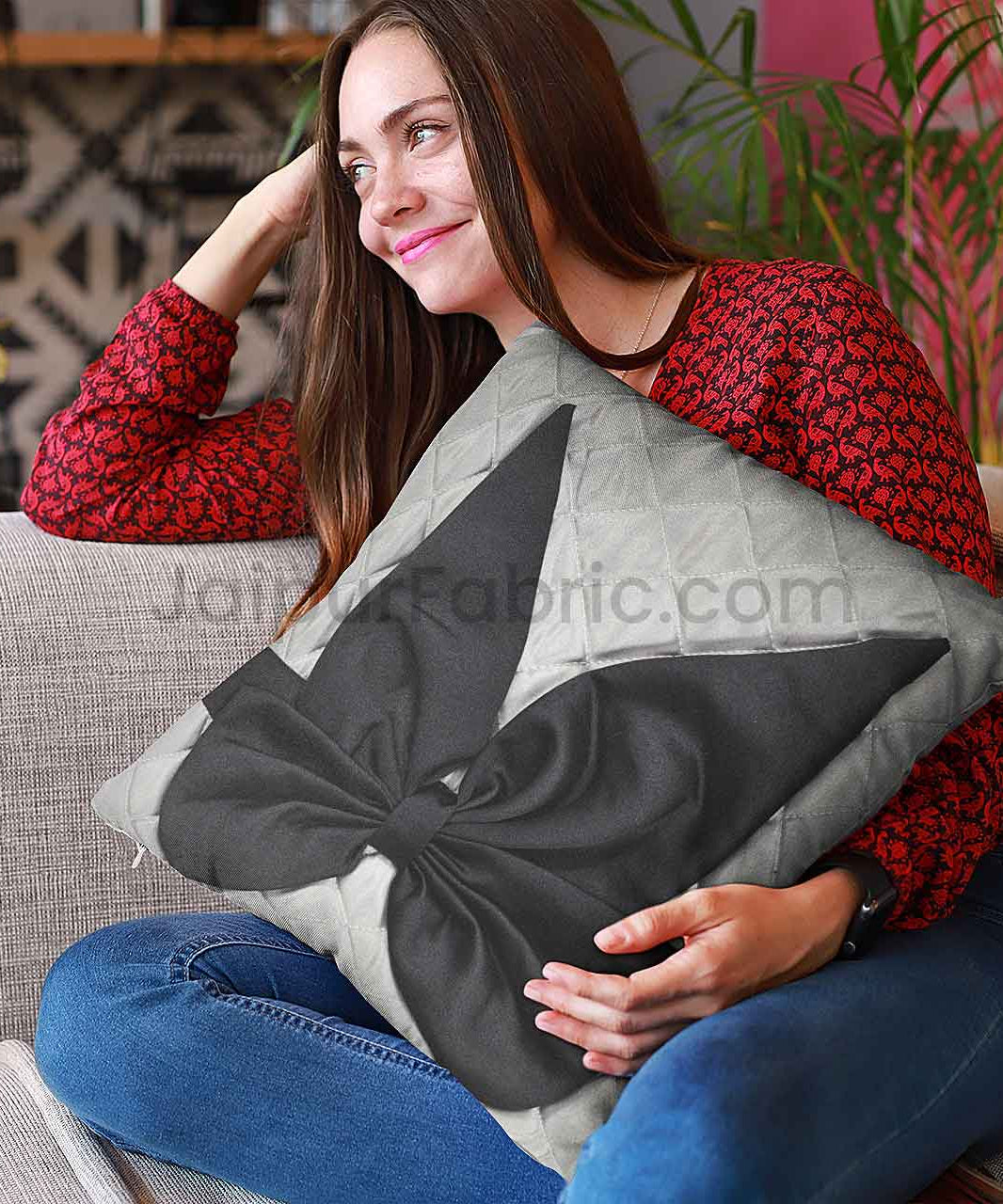 Grey Black Bow Tie Square Cotton Cushion Cover