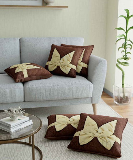 Dark Brown Beige Bow Tie Square Cotton Cushion Cover