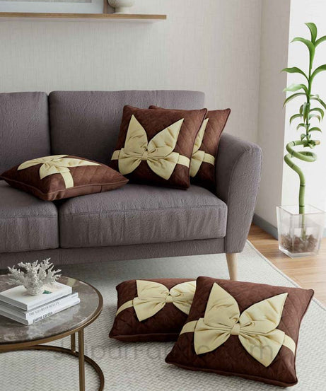 Dark Brown Beige Bow Tie Square Cotton Cushion Cover
