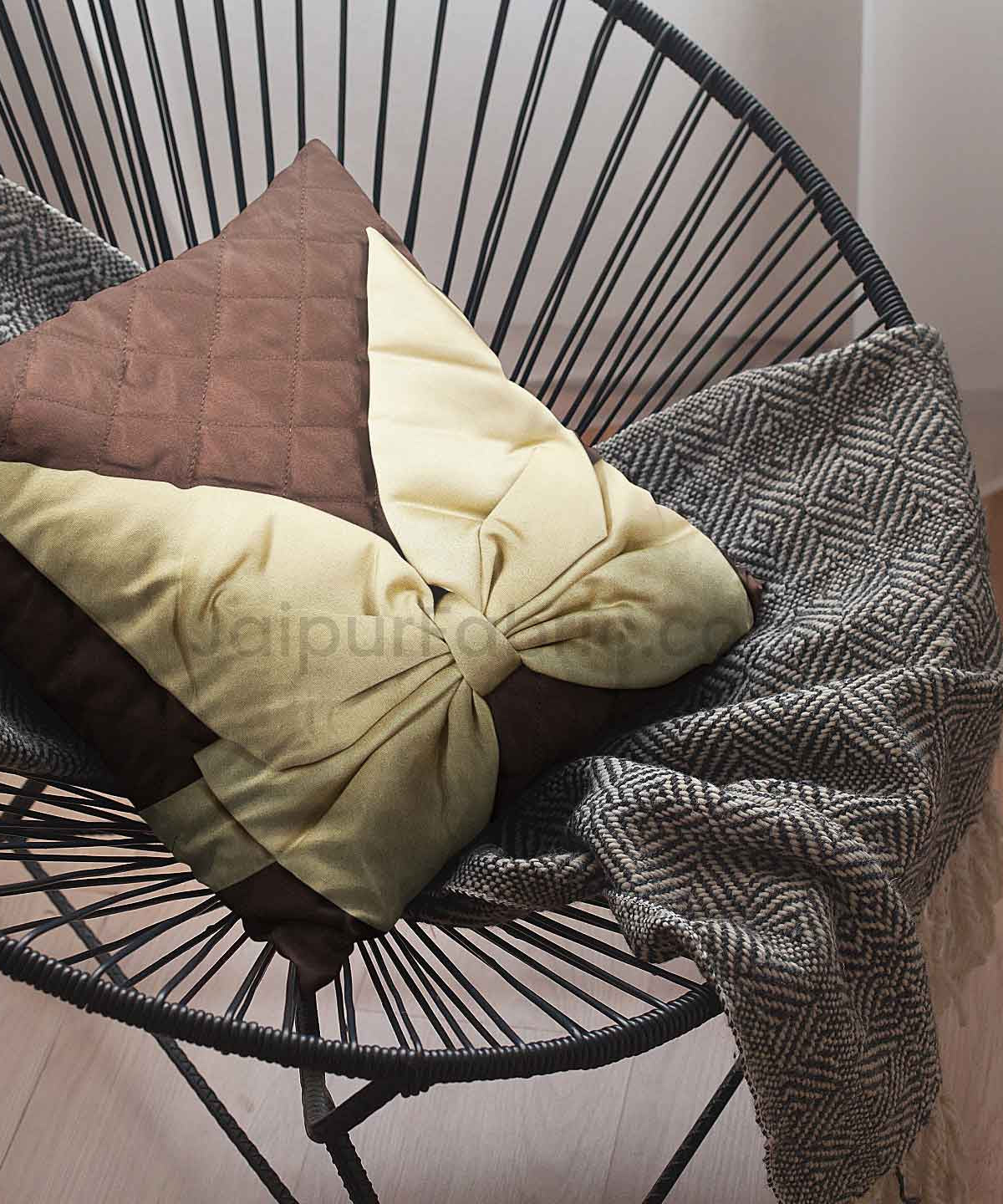 Dark Brown Beige Bow Tie Square Cotton Cushion Cover