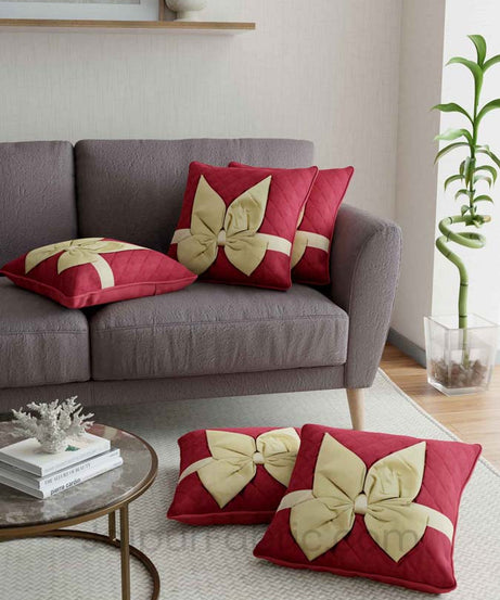 Maroon Beige Bow Tie Square Cotton Cushion Cover