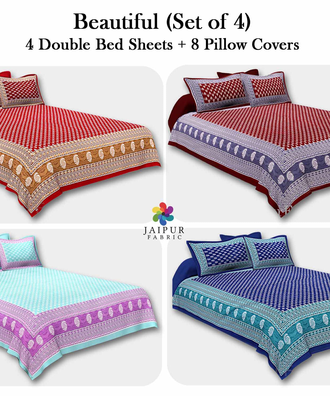 Floral Pattern Screen Print Cotton Double Bedsheet Combo of 4