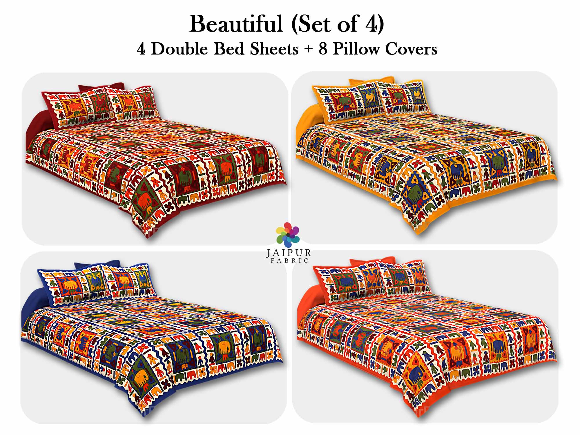 COMBO114 Beautiful Multicolor 4 Bedsheet + 8 Pillow Cover