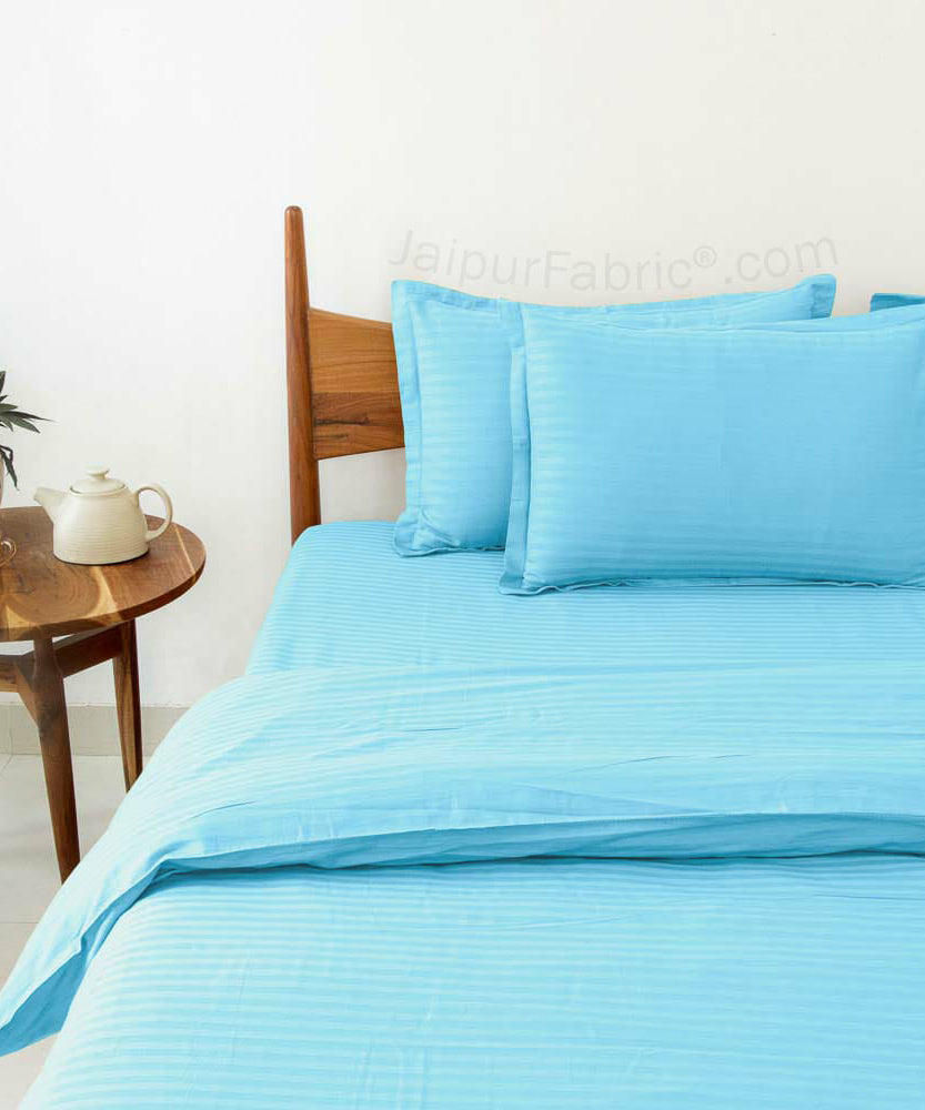 Light Blue Satin Stripes Matching Bedsheet and Comforter SET of 4 Bed in a Bag