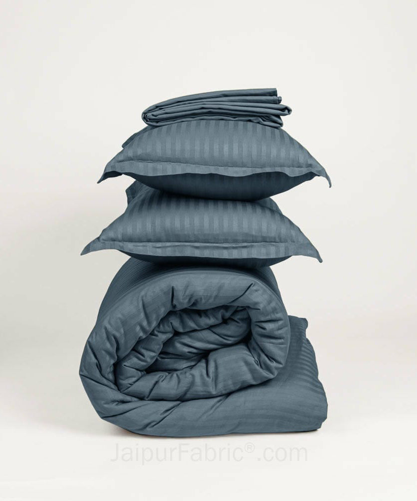 Dark Grey Satin Stripes Matching Bedsheet and Comforter SET of 4 Bed in a Bag
