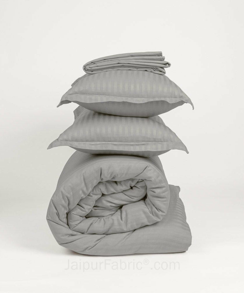 Grey Satin Stripes Matching Bedsheet and Comforter SET of 4 Bed in a Bag