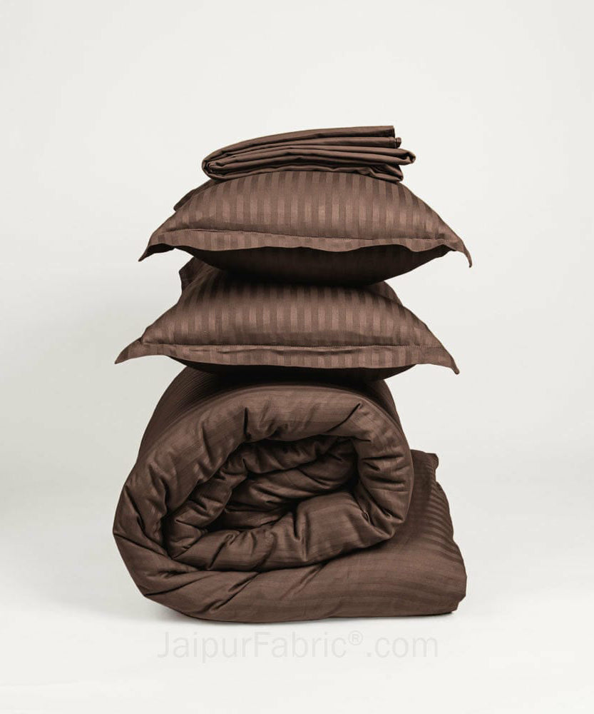 Dark Brown Satin Stripes Matching Bedsheet and Comforter SET of 4 Bed in a Bag