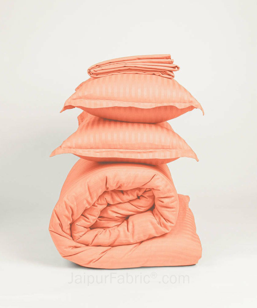 Awesome Light Peach Satin Stripes Matching Bedsheet and Comforter SET of 4 Bed in a Bag