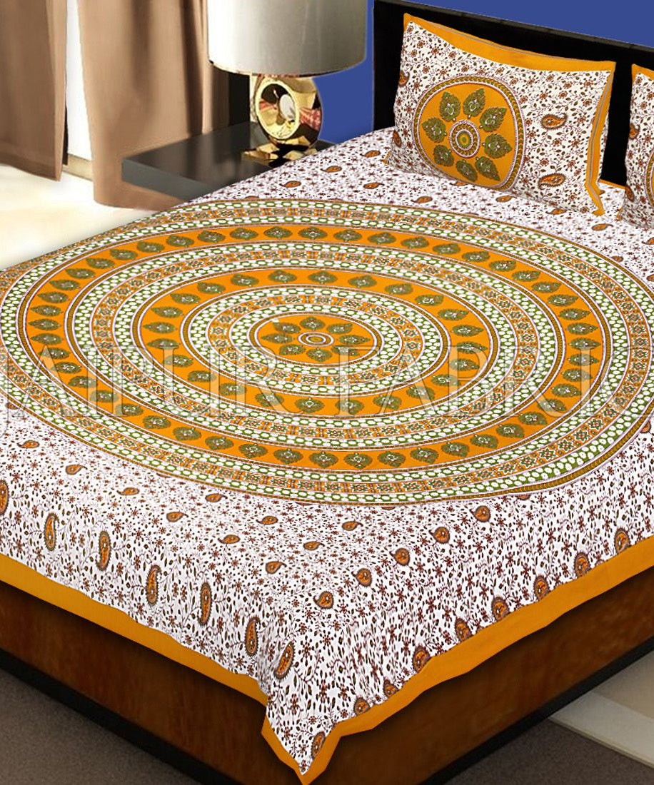 Yellow Border White Base Paan Pattern Screen Print Cotton Double Bed Sheet