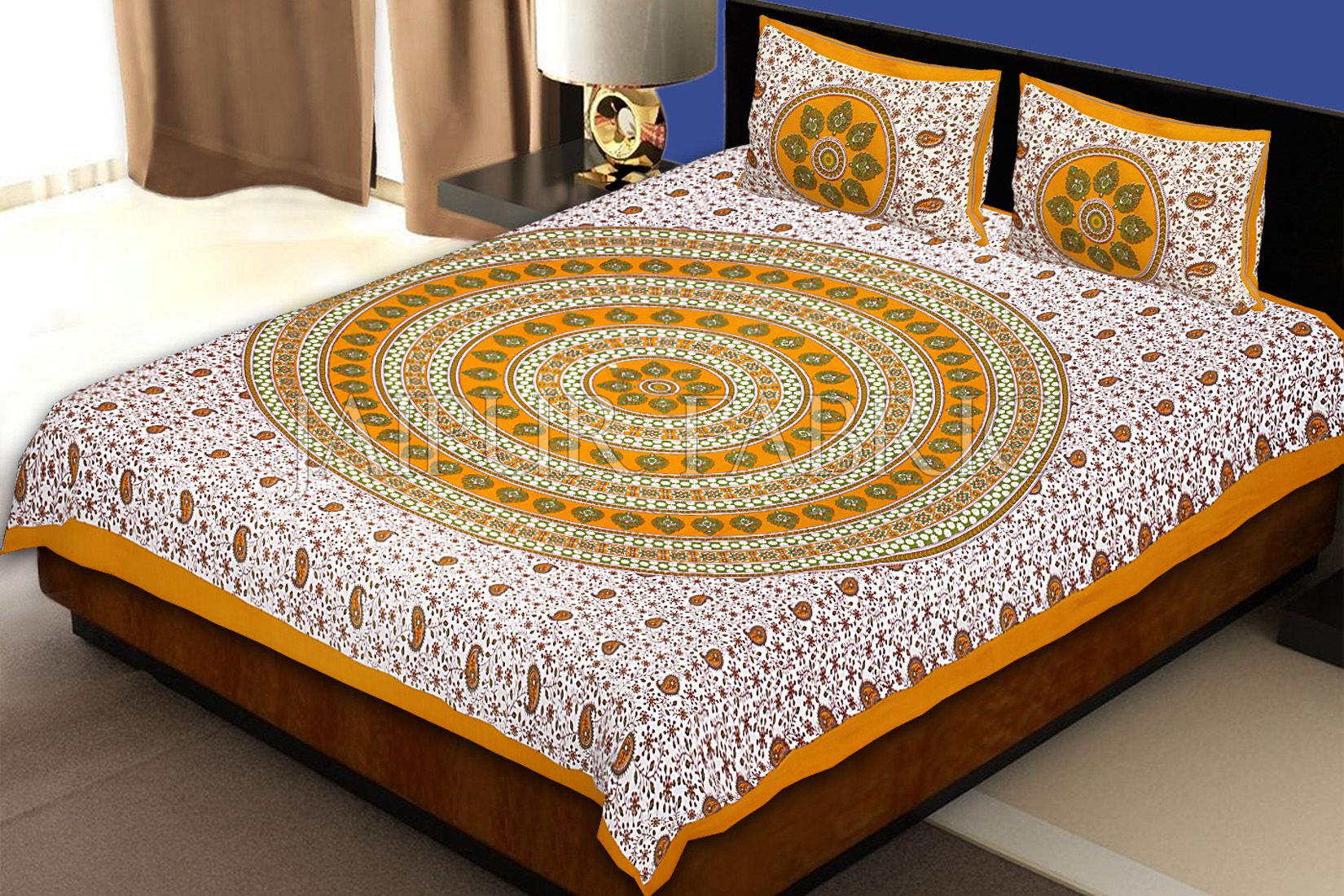 Yellow Border White Base Paan Pattern Screen Print Cotton Double Bed Sheet