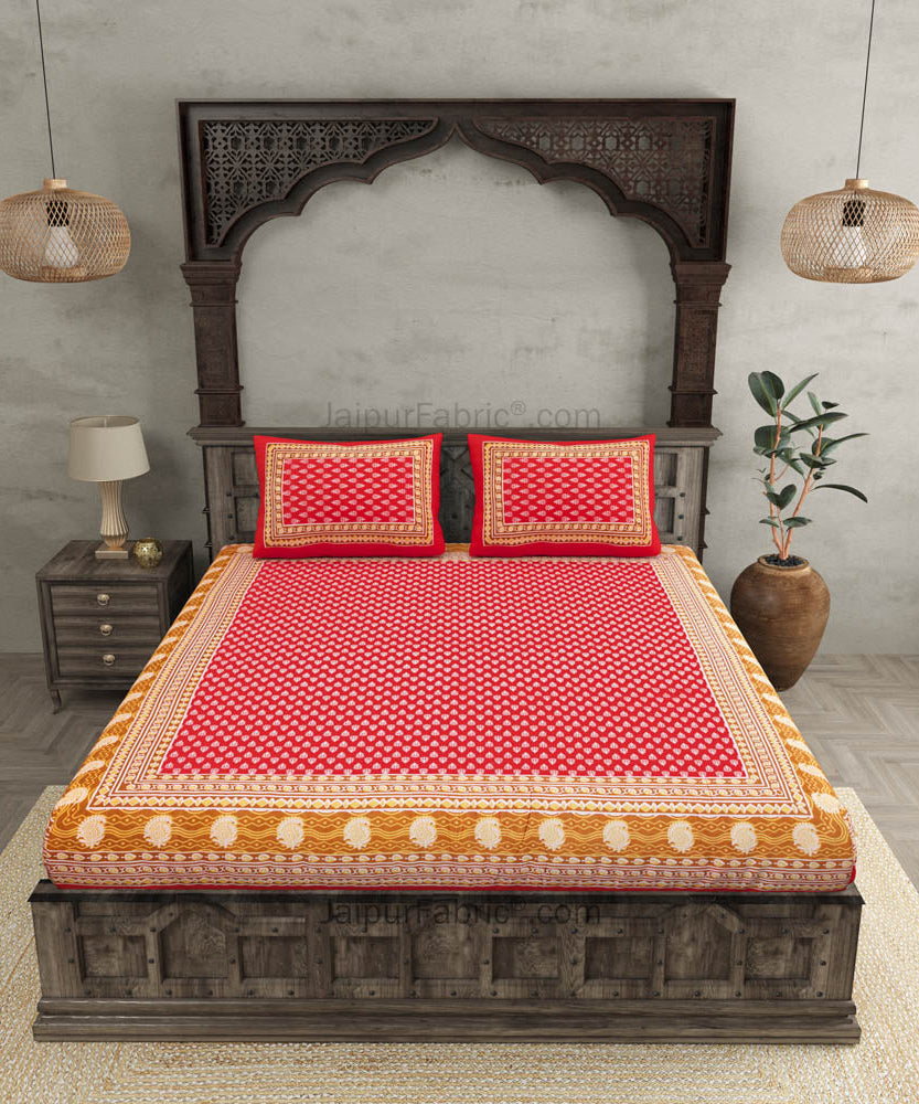 Crimson Border Floral Pattern Screen Print Cotton Double Bed Sheet