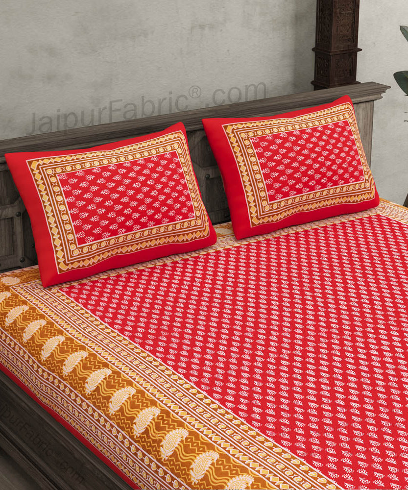 Crimson Border Floral Pattern Screen Print Cotton Double Bed Sheet