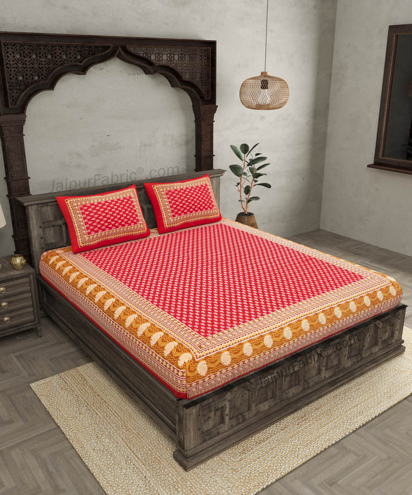 Crimson Border Floral Pattern Screen Print Cotton Double Bed Sheet