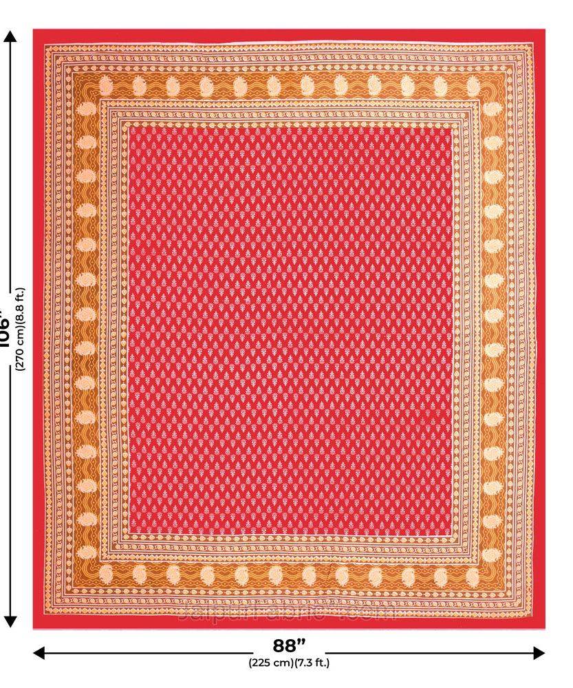 Crimson Border Floral Pattern Screen Print Cotton Double Bed Sheet
