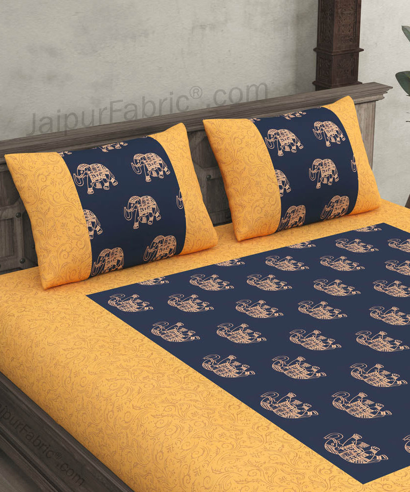 Patola Gold Navy Blue Elephant Festive Cotton BedSheet