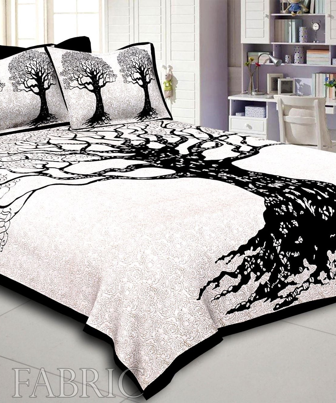 Big Tree Pattern Super Fine Cotton Double Bedsheet Combo of 4