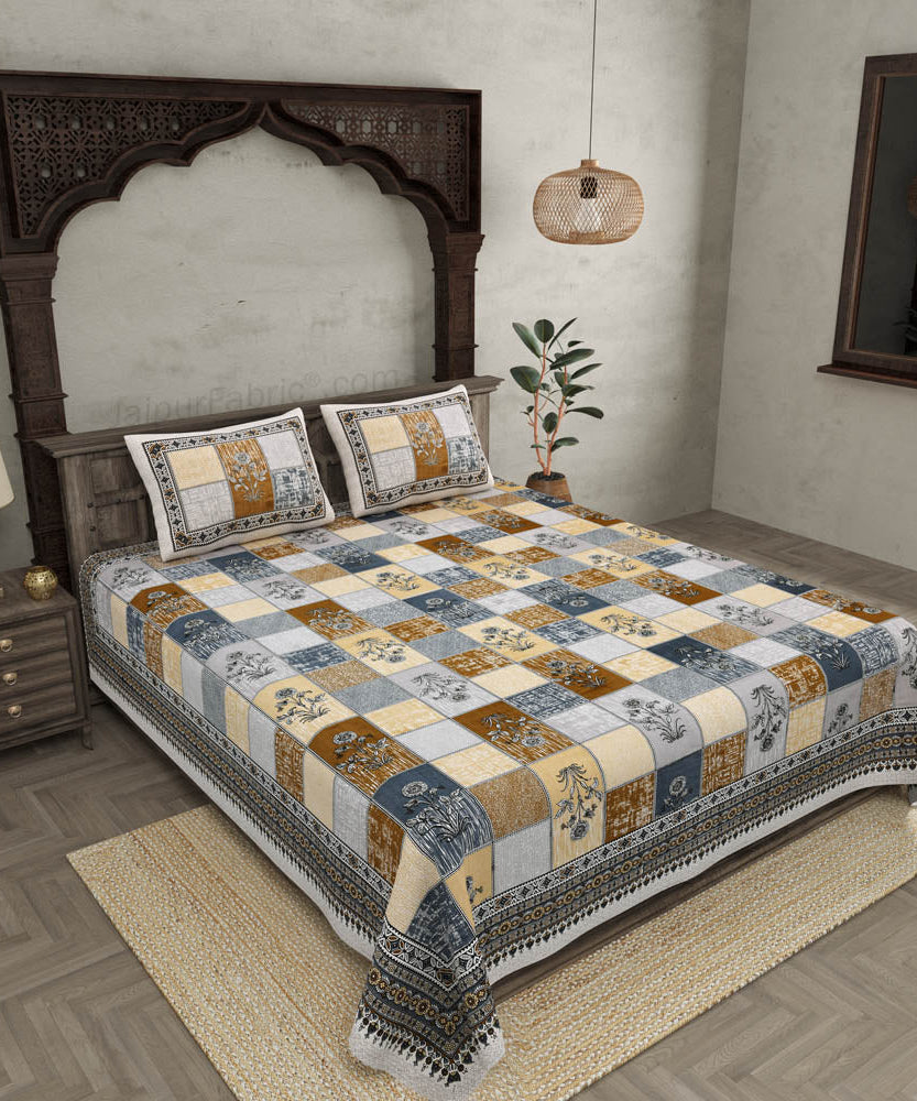 Decorated Squares Grey Cotton Double Bedsheet