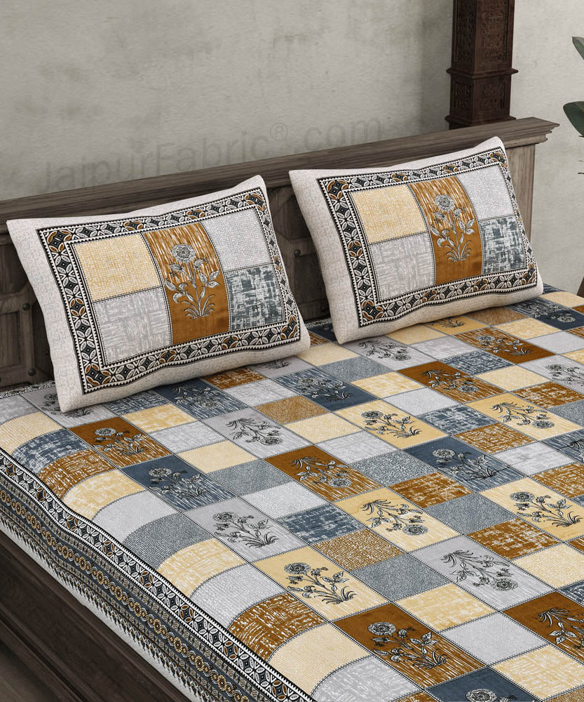 Decorated Squares Grey Cotton Double Bedsheet