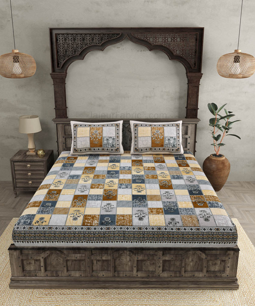 Decorated Squares Grey Cotton Double Bedsheet