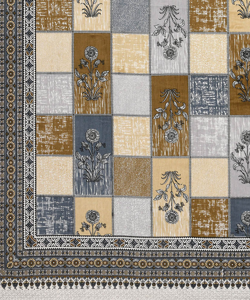 Decorated Squares Grey Cotton Double Bedsheet