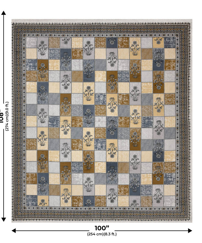 Decorated Squares Grey Cotton Double Bedsheet