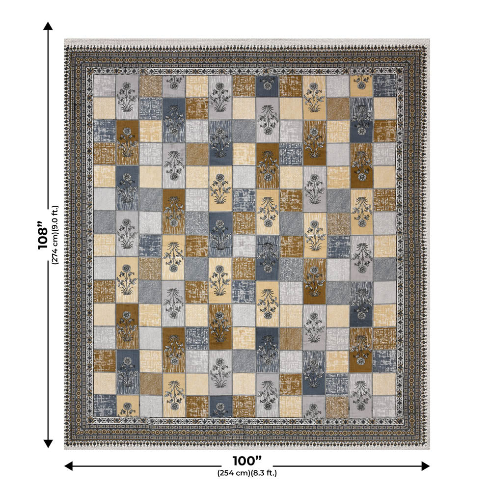 Decorated Squares Grey Cotton Double Bedsheet