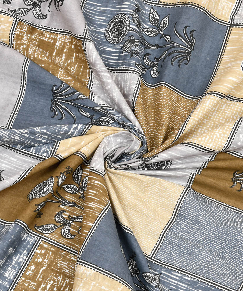 Decorated Squares Grey Cotton Double Bedsheet