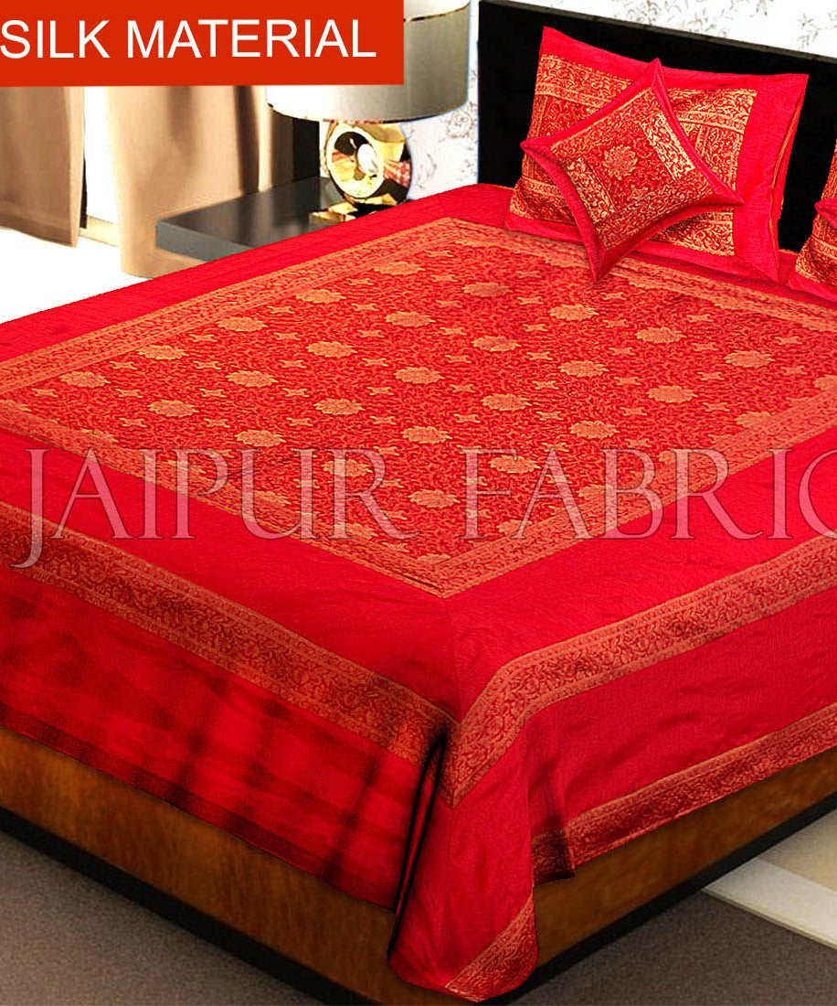 Red Rajasthani Zari Embroidered Lace Work Silk Double Bed Sheet