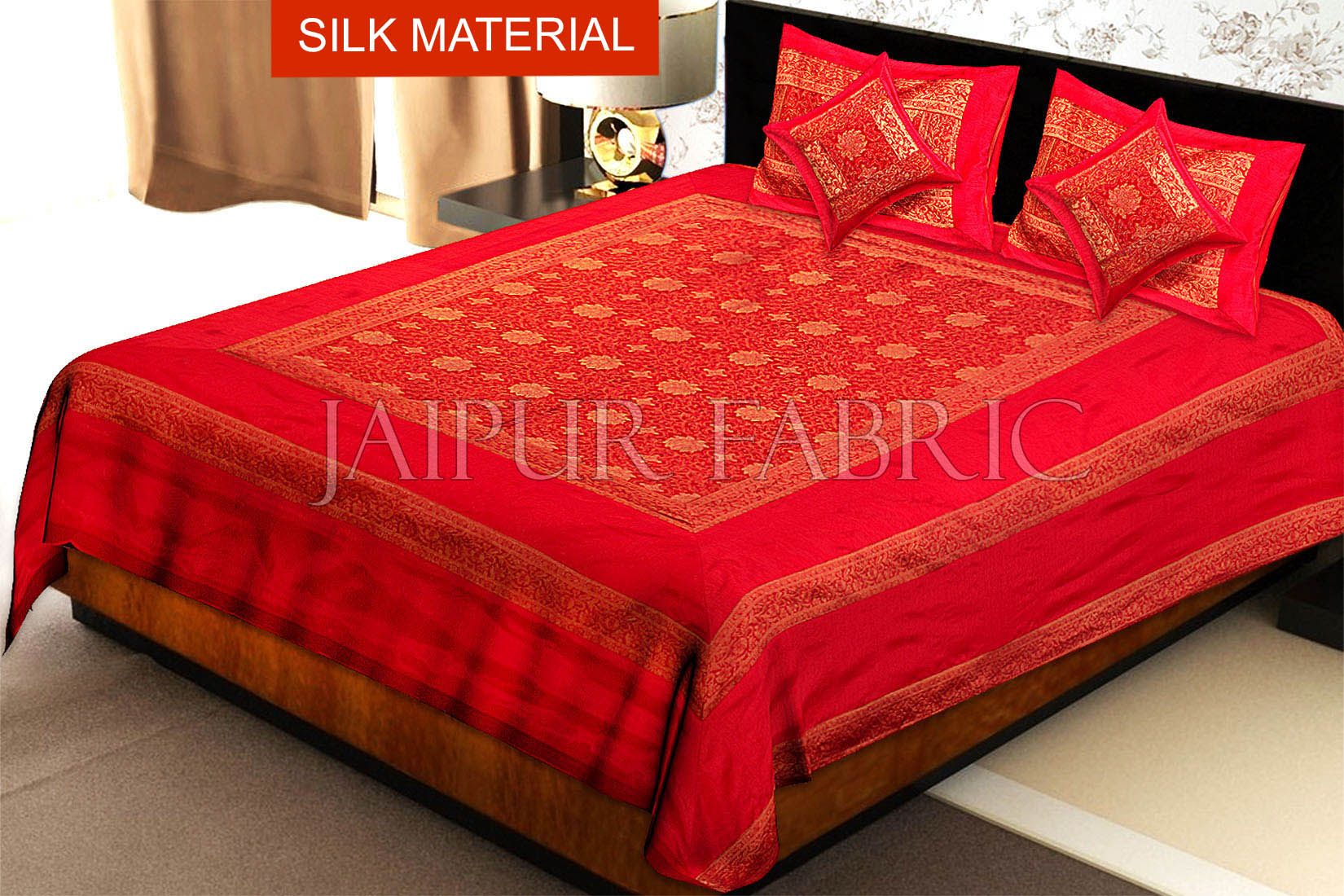 Red Rajasthani Zari Embroidered Lace Work Silk Double Bed Sheet