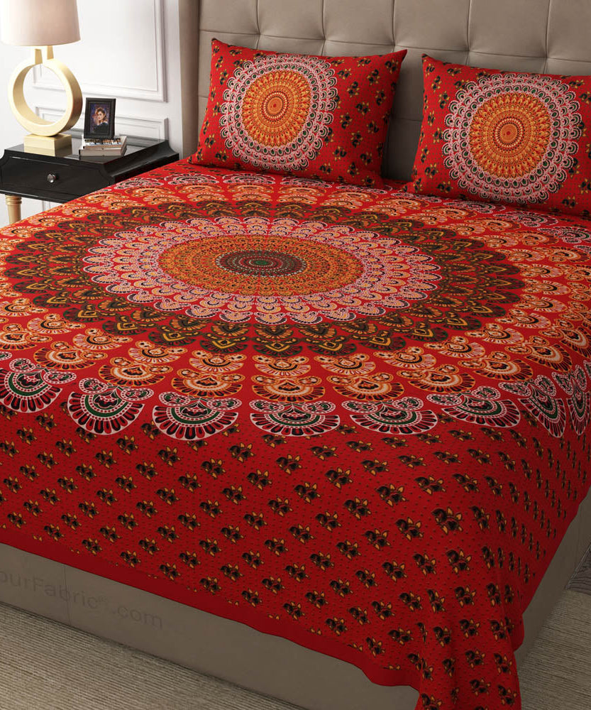 Red Mandala Cotton Double Bedsheet