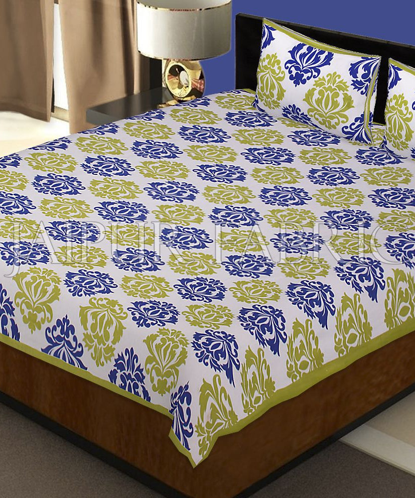 White Base Green Designer Cotton Double Bed Sheet