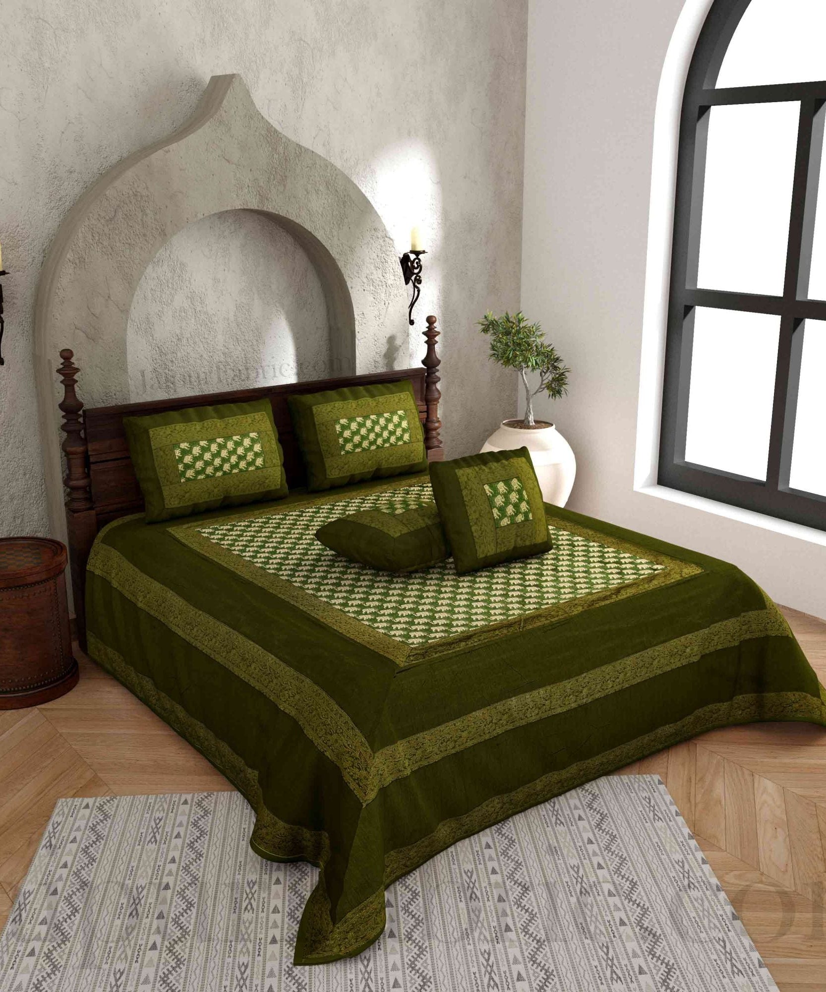 Green Rajasthani Zari Embroidered Lace Work Silk Double Bed Sheet